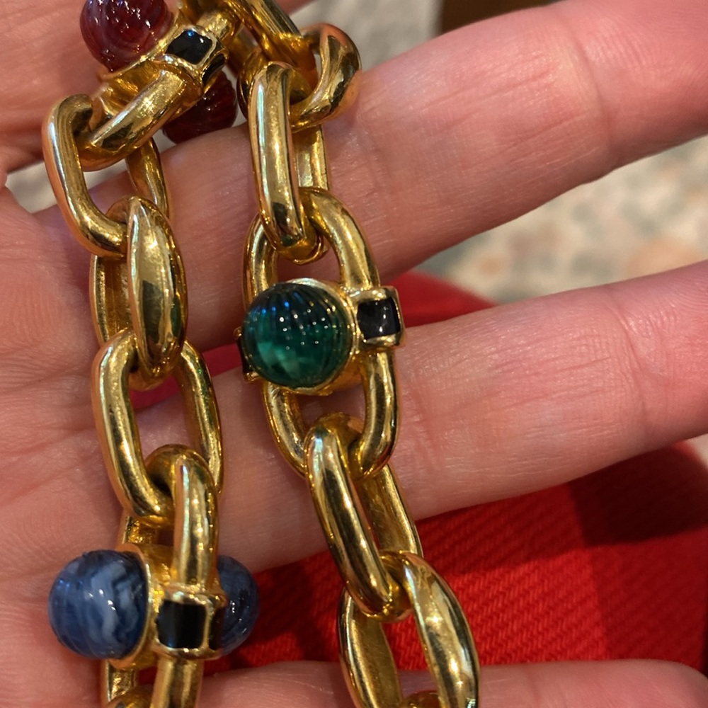 Vintage Gold Chain Link Necklace with Multicolor Bead Accents - Picture 3 of 4